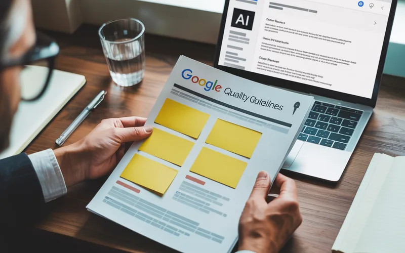 Štampana Google Quality Rater Guidelines dokumentacija sa beleškama o E-E-A-T strategiji za blogove u 2026.