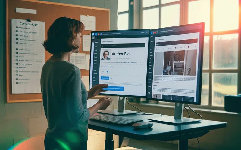 Web dizajner implementira E-E-A-T signale kao što su autor biografija i transparentne stranice na poslovnom sajtu