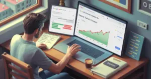 Vlasnik male firme analizira Google Ads i SEO rezultate na laptopu