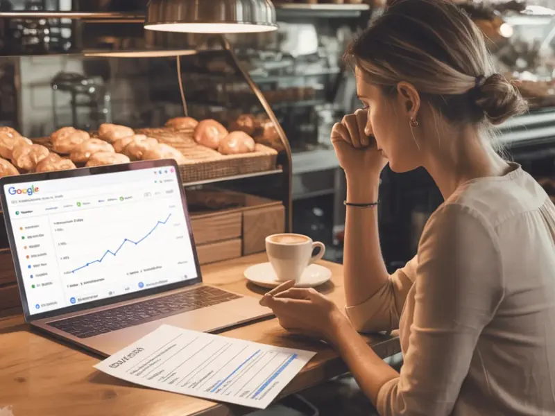 Vlasnica malog preduzeća analizira SEO i link building rezultate na laptopu