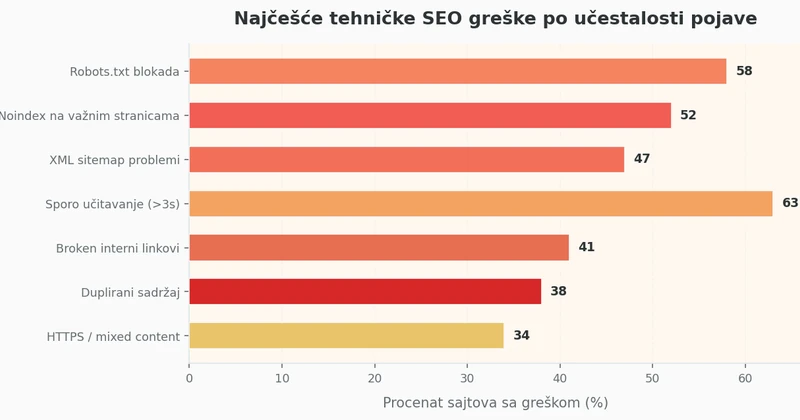 Horizontalni bar grafikon koji prikazuje učestalost 7 najčešćih tehničkih SEO grešaka: blokirani robots.txt, noindex tag, XML sitemap problemi, sporo učitavanje, broken linkovi, duplirani sadržaj i HTTPS problemi