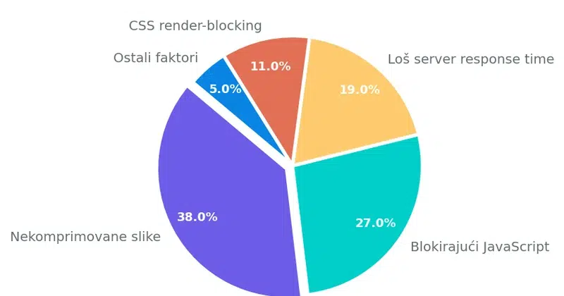 Pie grafikon koji prikazuje uzroke sporog učitavanja: nekomprimovane slike 38%, blokirajući JavaScript 27%, loš hosting/server response time 19%, CSS render-blocking 11%, ostalo 5%